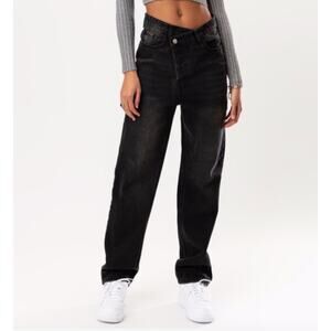 Kript Black Onyx Gavin Boyfriend Mom Jeans Asymmetrical Button Fly Dark Denim S